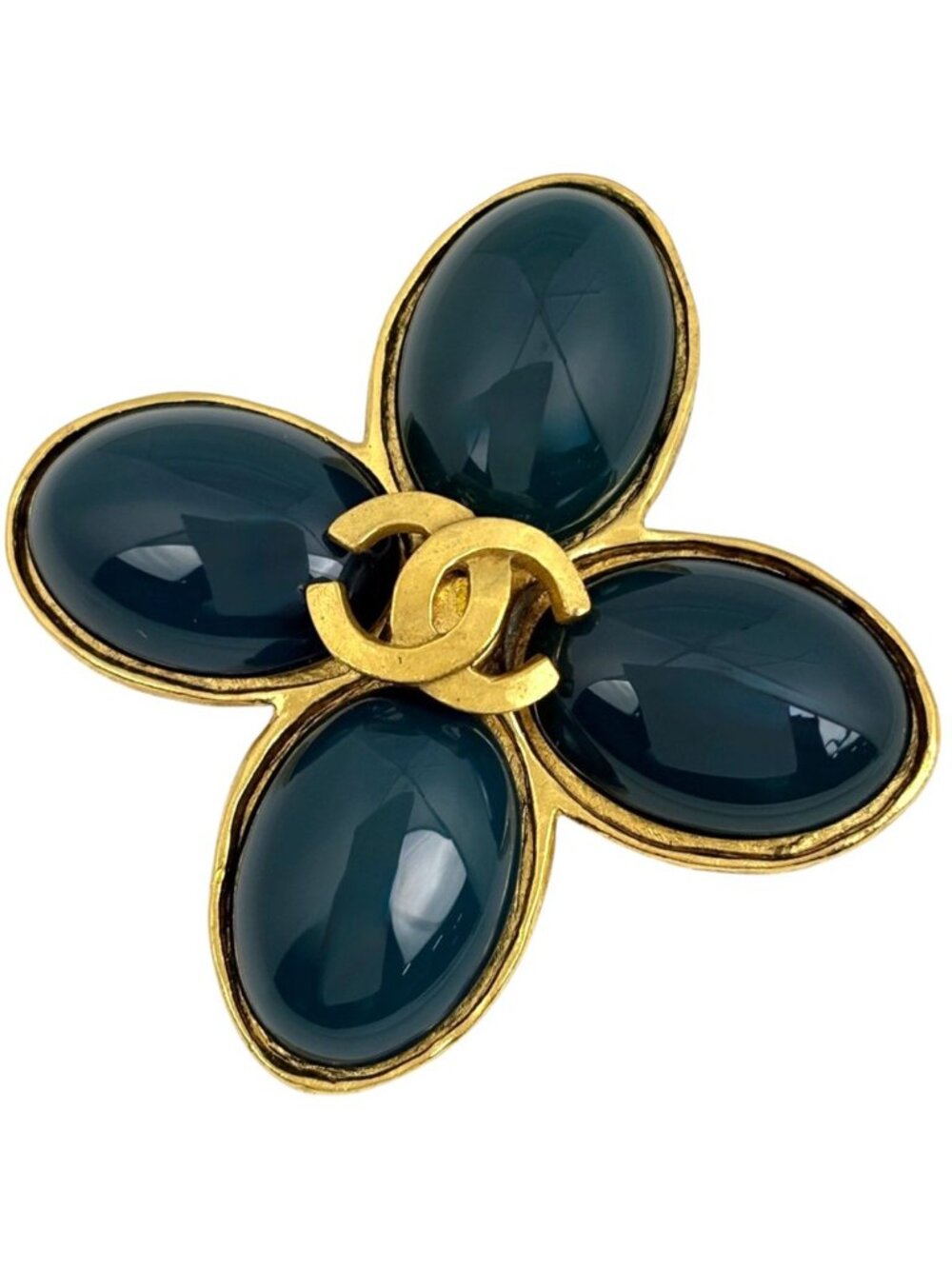 Chanel Brooch CC Logo Color Stone Gold Green